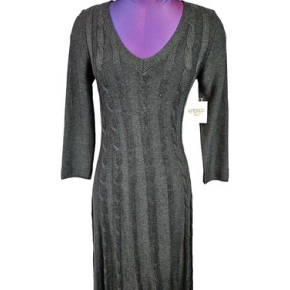 Kasper Gray Ribbed Sheath Dress V-Neck 3/4 Sleeve